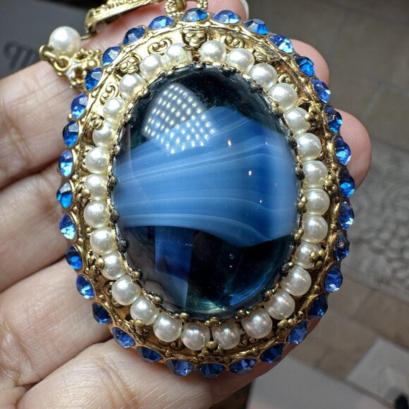 VTG Pendant Necklace 26" W Germany Porphyry Blue Art Glass Filigree Faux Pearl - Picture 5 of 12